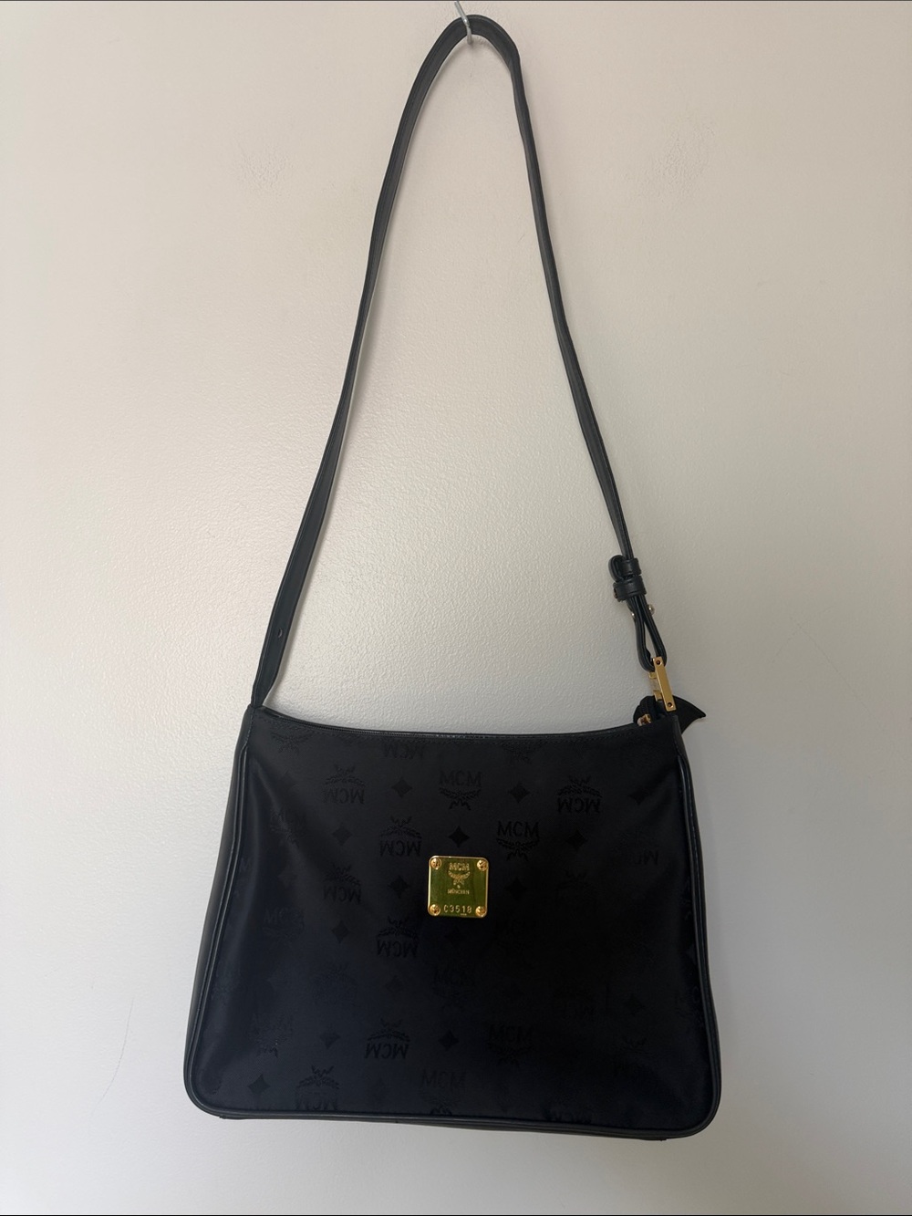 MCM Black Shoulder Bag with Gold Plaque Accent